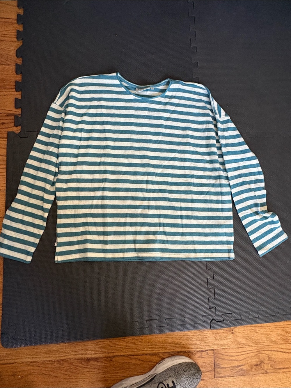 Passenger Striped Long-Sleeve Crewneck Tee in Teal and White Size L